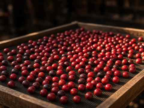 Cerezas secándose enteras, proceso natural