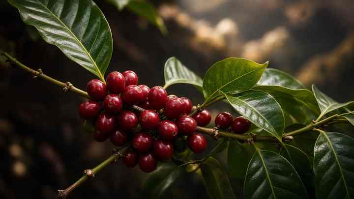 Cerezas de café maduras en la rama