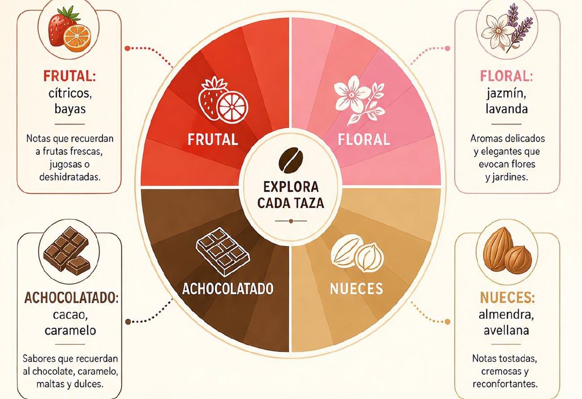 Rueda de sabores: frutal, floral, achocolatado y nueces